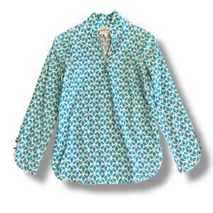 Elizabeth McKay Linen Blouse Women’s 2 Blue White Geometric Long Sleeve Top‎